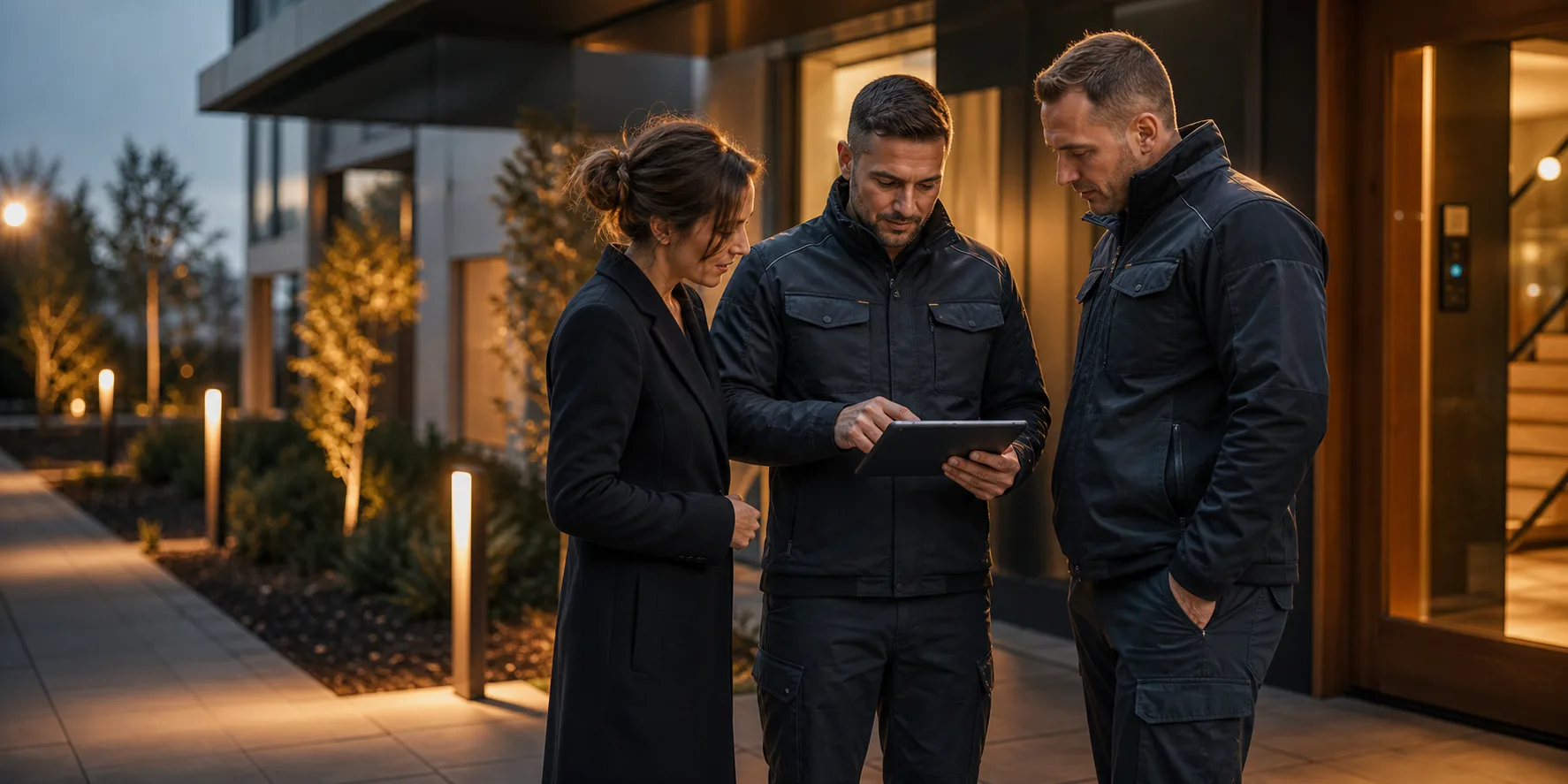 FMFK Team bespricht Objektübergabe mit digitalem Tablet an moderner Immobilie