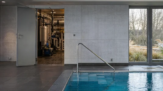 Poolbetreuung und technische Objektbetreuung Poolbereich mit Technikzugang als Referenzmotiv für FMFK Poolbetreuung und Haustechnik