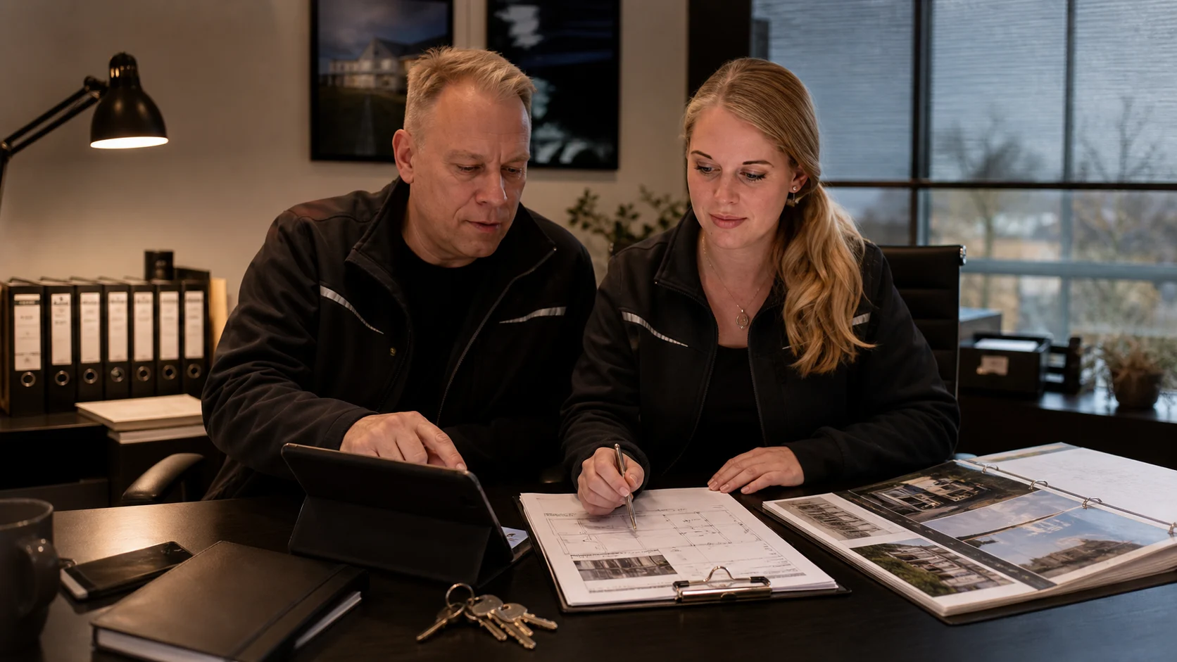 Marcus und Alexandra Fenske planen Objektbetreuung im FMFK Büro mit Tablet und Objektunterlagen